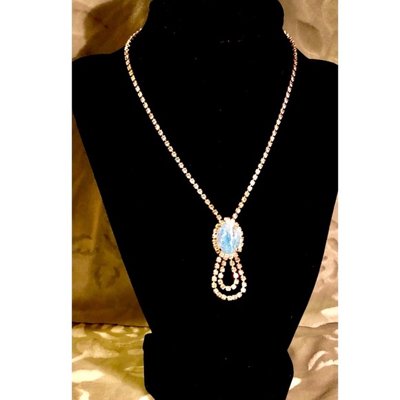 VTG Clear AB Rhinestone and Sky Blue Stone Pendant Necklace~ Occasion Wedding - Picture 7 of 10